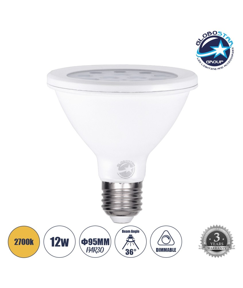 GLOBOSTAR® SPOTPAR 60086 Σποτ E27 PAR30 LED 12W 1128lm 36° AC 220-240V IP20 Θερμό Λευκό 2700K - Μ9.5 x Π9.5 x Υ9.5cm - 3 Χρόνια Εγγύηση